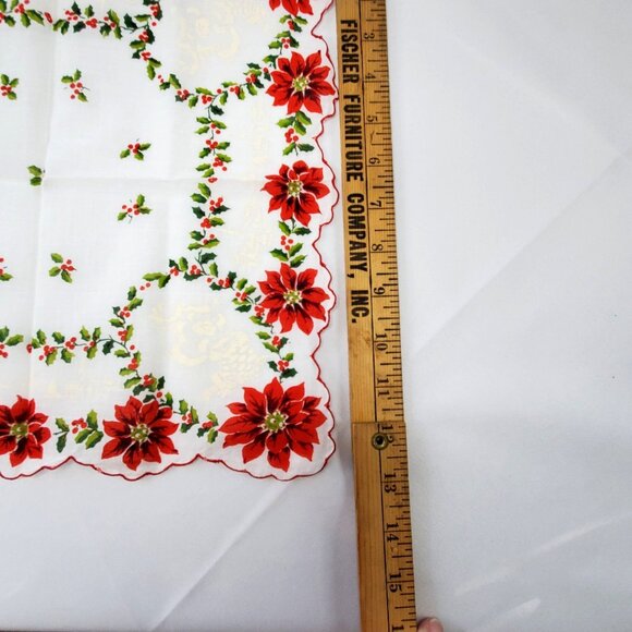 Vintage Christmas Poinsettia & Holly Handkerchief 13"x13" Square Cotton - Picture 9 of 9